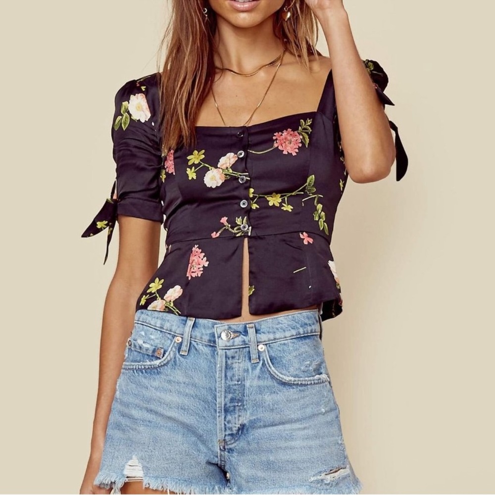 Lg Capulet Lila Puff Sleeve Black Floral Blouse Crop Silky Button Square Neck